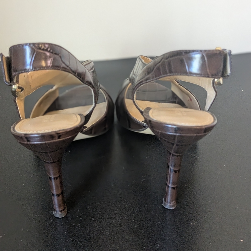 Michael Kors Womens Nutmeg Brown Becky Embossed Leather Sandal Heels - Picture 8 of 16